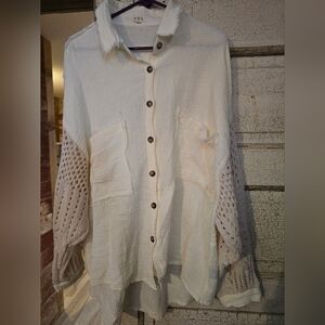 POL Oversize Boho Style Knit Sleeve Button-Down Shirt Blouse Small Fits Up 2 LG